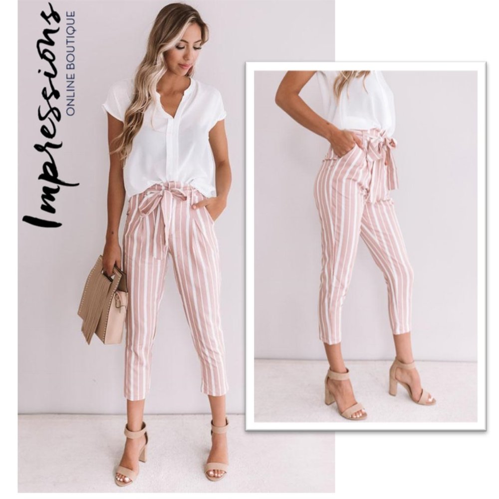 Impressions 'One And Only' Stripe Paperbag Ankle Pants NWOT! - Size S - Picture 1 of 16